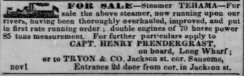 Daily Alta California Vol. 2 No. 328 steamer for sale Nov. 5 1851 Tehama.png
