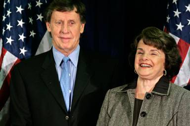 Sen dianne feinstein d calif smiles along with her husband richard blum left at a democratic election party in san francisco tuesday nov 7 2006.jpg