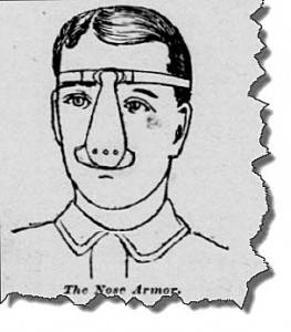 Example of innovation in the protection of vanity. The “nosebag” was made of copper-riveted sheet iron. Despite the number of serious head injuries and other types of central nervous system trauma, helmets would not be mandatory for another fifty years. From the San Francisco Call. Available at California Digital Newspaper Collection.