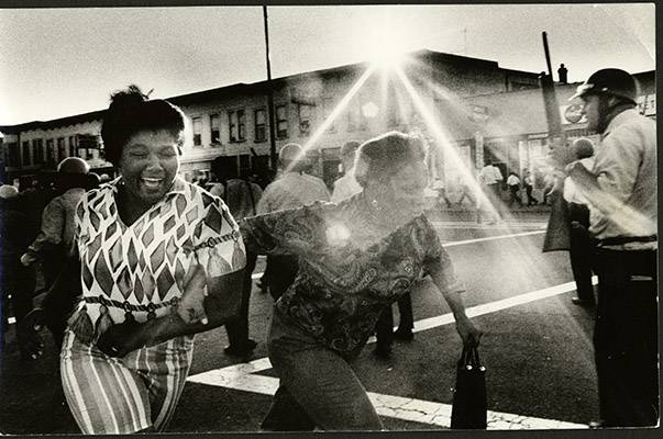 Screaming women flee the riot area during the Bayview-Hunters Point 1966 riots AAK-1654.jpg