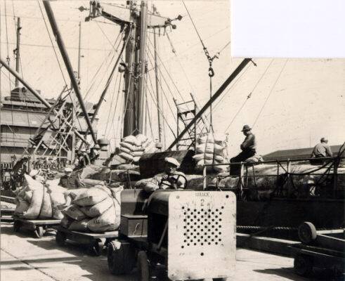 File:Wagons of coffee are hauled by a small dock truck April 20 1946 AAC-2158.jpg