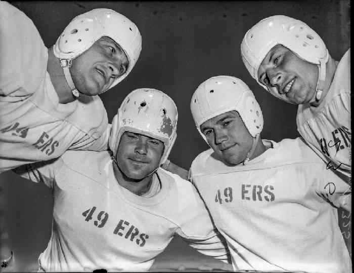 San Francisco 49ers backfield of (L-R) Len Eshmont, Norm Standlee, Frankie Albert and John Strzykalski, August 1946. (wnp14.5057; Examiner Negative Collection Courtesy of a Private Collector) wnp14.5057.jpg