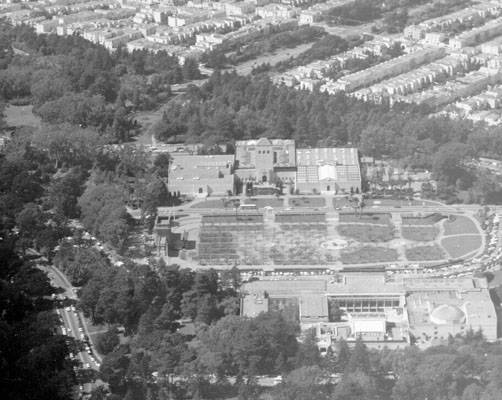 Aerial view of Golden Gate Park looking northwest at the Bandstand, De Young Museum, Steinhart Aquarium & the Academy of Science 1970 AAA-6845.jpg