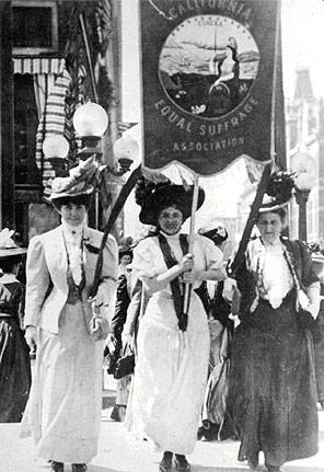 Leading a march of 300 women of the California Equal Suffrage Association in Oakland August 27 1908 were l to r Lilllian Harris Coffin Mrs Theodore Pinther Jr and Mrs. Theodore Pinther Sr.jpg