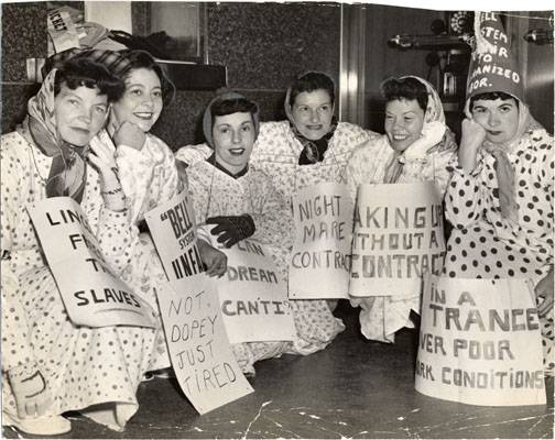 Striking employees dressed in nightgowns on picket line at the Pacific Telephone and Telegraph Companys 25th and Mission streets telephone exchange July 24 1951 AAD-5619.jpg
