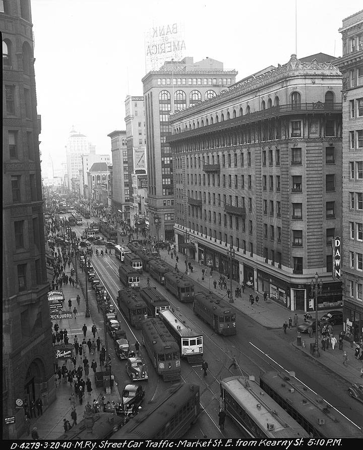 Streetcar-Traffic-View-from-Above-on-Market-Street-Looking-East-from-Kearny-at-5-PM March-20-1940 D4279.jpg