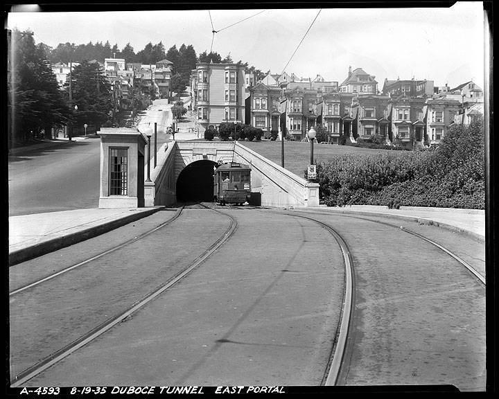File:N-Line-Streetcar-Exiting-Sunset-Tunnel-on-Duboce-Avenue-at-East-Portal-Tunnel- August-19-1935- A4593.jpg