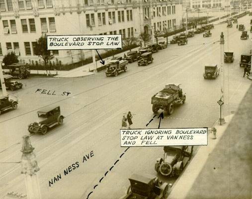 Automobile traffic at Van Ness Avenue and Fell Street feb 3 1927 AAB-5687.jpg