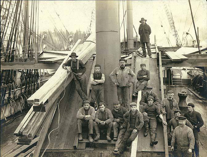 Crew of AUSTRASIA posing on loading ramps with lumber, Port Blakeley, Washington, between 1893 and 1906 hester University of Washington Libraries, Special Collections, UW3101.jpg