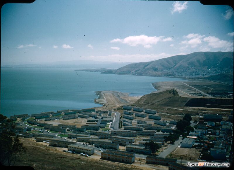 File:Candlestick Cove Sept 6 1953 View south from Bayview Hill over Candlestick Cove housing (mostly boarded up in preparation for demolition) and Little Hollywood. US101 Freeway construction and bay fill opensfhistory wnp010..jpg