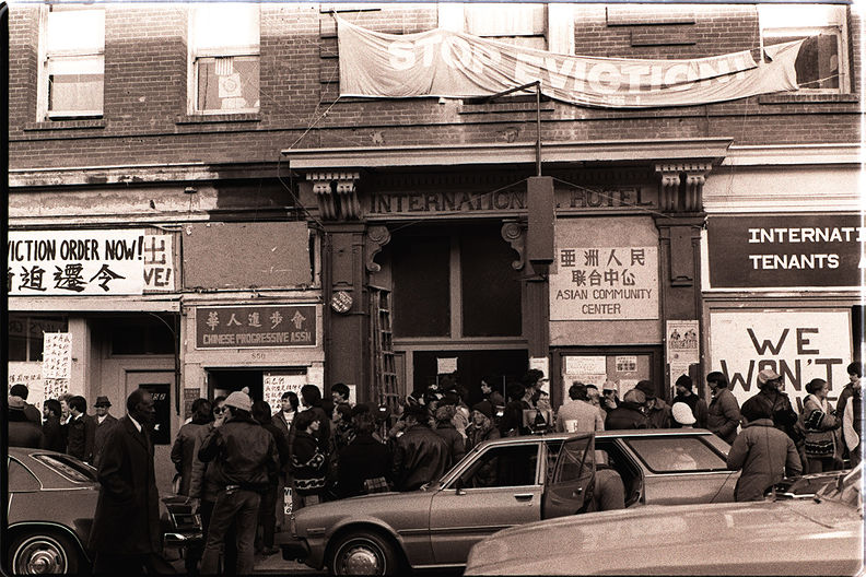 Protesters form in front of the I-Hotel, January 1977 Nancy Wong.jpg