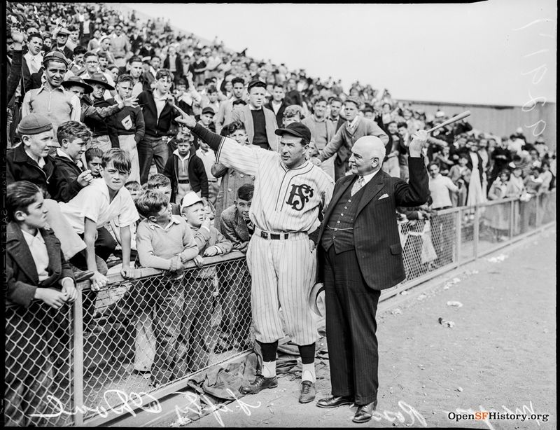 Lefty O'Doul and Mayor Rossi in front of stands filled with kids c 1930 wnp28.1363.jpg