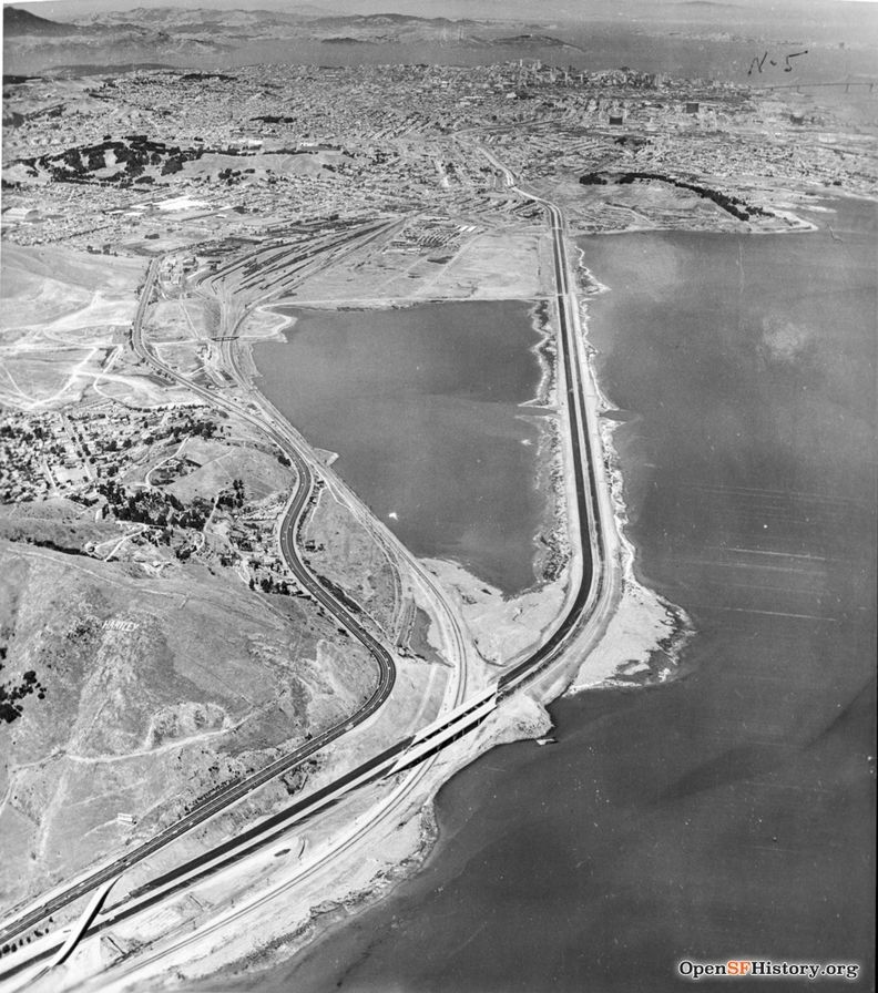 C1952 View north at US101, Candlestick Causeway toward Brisbane and San Francisco. Candlestick Park is not yet built.wnp37.02183.jpg