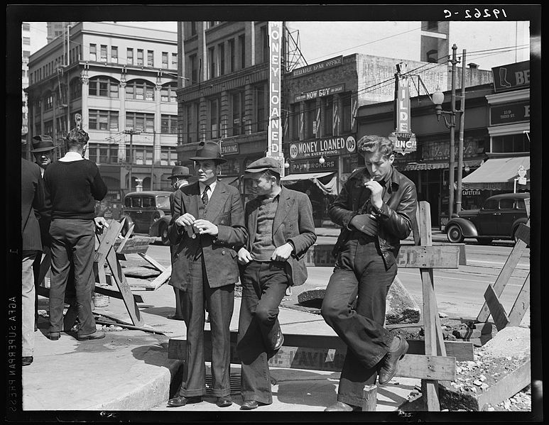 File:Salvation Army, San Francisco, California. Unemployed young men pause a moment to loiter and watch, and then pass on April 1939 8b33295v.jpg