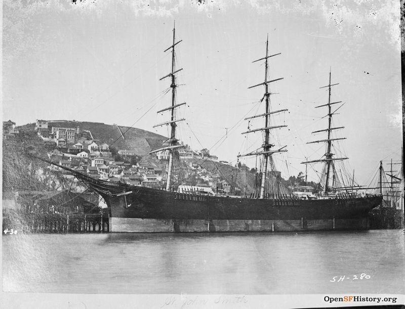 St John Smith 430 3-masted full-rigged ship tied up along waterfront- Telegraph Hill in background - F810 SH-280 c 1880 wnp71.2429.jpg