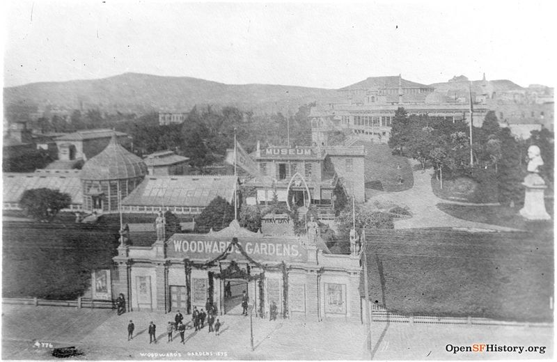 1875 Elevated view of Mission Street entrance to Woodward's Gardens , with conservatory, museum and large portrait bust statue behind wnp71.0951.jpg