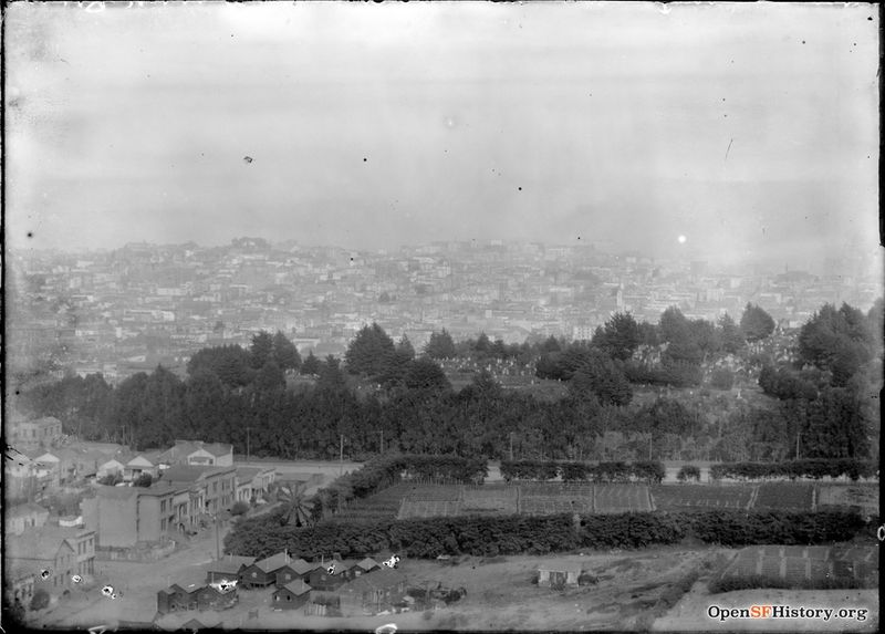 File:View East from Lone Mountain towards intersection of Anza and Masonic, Farm at future site of Ewing Field, Calvary Cemetery, Earthquake shacks in foreground. 1908 G57 SV-01 (GGNRA-Behrman GOGA 35346 wnp71.0915.jpg