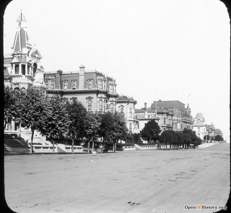 View North on Van Ness toward west side of the street between California and Jackson. Claus Spreckels mansion in the distance at right c1895 wnp13.386.jpg