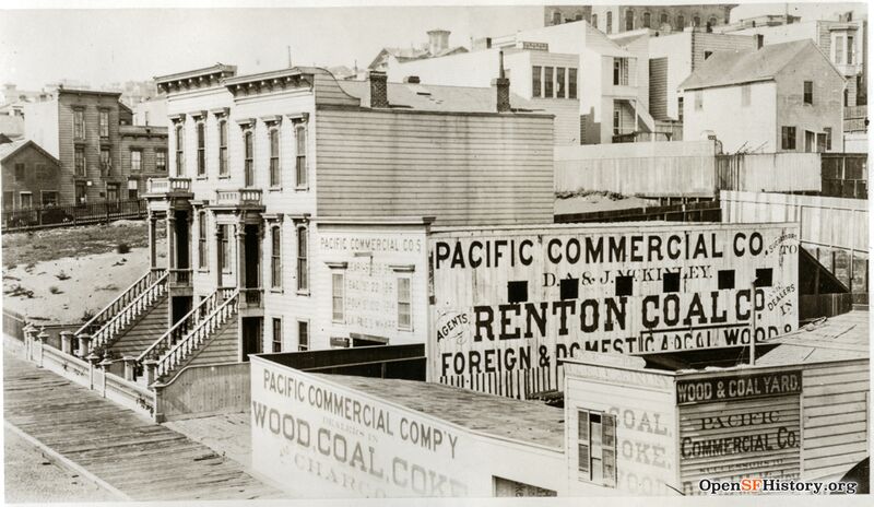 Polk and Sutter c 1875 Elevated view northeast to Pacific Commercial Company wood and coal yard, successor to D. A. and J. McKinley, 1212 Polk Street in 1875 opensfhistory wnp4.1463.jpg