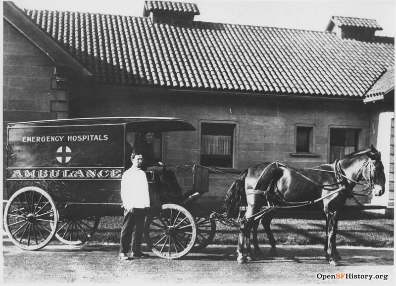 Stanyan near Beulah c 1920s Horse drawn ambulance with driver and attendant in front of Park Emergency Hospital wnp70.0311.jpg
