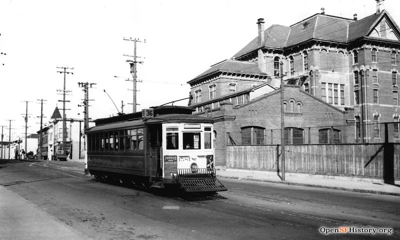 Folsom between 26th Street and Cesar Chavez, Market Street Railway (MSRY) 36-line streetcar 1581, Cogswell College in the background Line 36 - 1581-36-01 SB on Folsom South of 26th Street Cogswell College 1939 wnp5.50338.jpg
