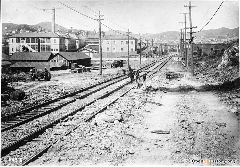 View west on Cesar Chavez (Army) from Connecticut Islais Creek Incinerator, Bernal Heights and Twin Peaks in background June 19 1918--wnp36.01888.jpg