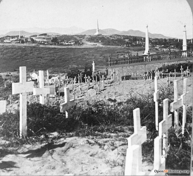 File:View northwest from Calvary Cemetery. Roughly OFarrell east of Masonic. Point Lobos Road - Geary Blvd in middle distance. Broderick Monument in far distance wnp37.04005-L.jpg