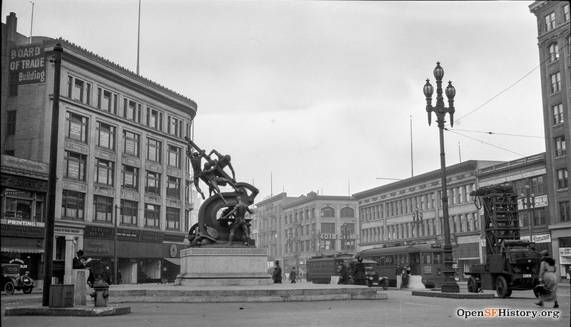 Market and Battery c 1919 View east on Market Street from Battery. Mechanics Monument at center. Board of Trade Building. 6-Line and J-Line streetcars wnp14.12739.jpg