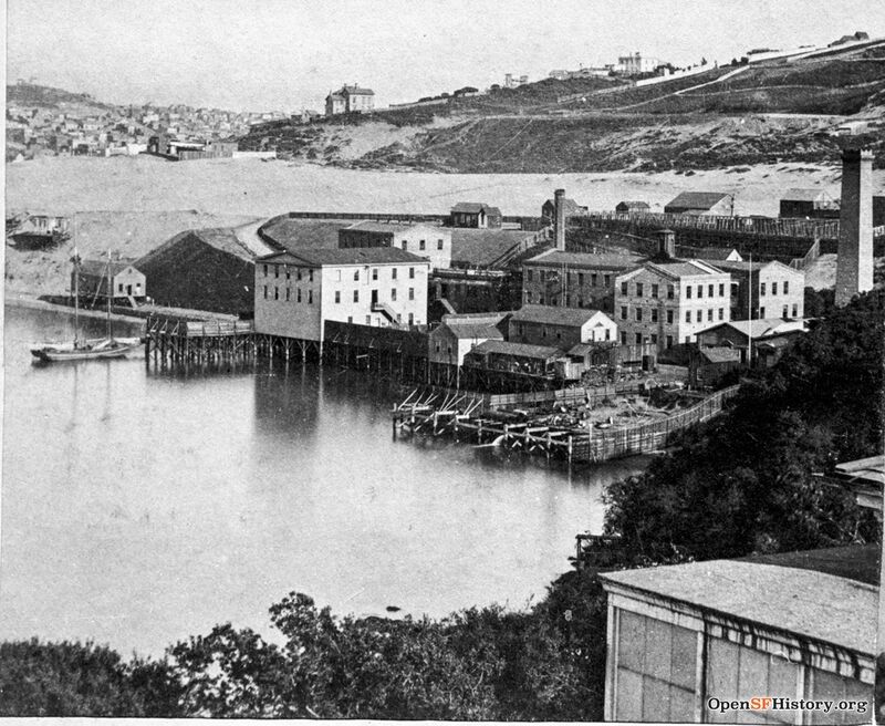 View SE from Fort Mason circa 1867 tall smokestack Spring Valley Water Co pump station at foot of Van Ness wnp37.02357.jpg
