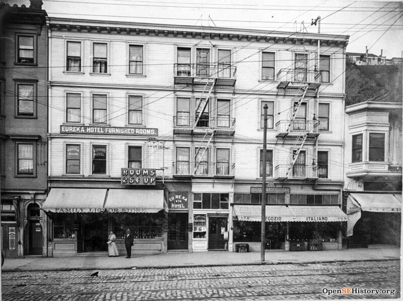 File:Broadway nr Kearny 1910 View of north side of block. Eureka Hotel building at 474, but flanking building still stand. Family Liquor Store, Cavagnaro n DeBenedetti mens clothing storewnp33.03312.jpg