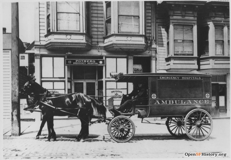 File:C 1920s Horse drawn ambulance with drivers in front of Potrero Emergency Hospital at 1152 Kentucky Street (now 3rd Street) wnp70.0313.jpg