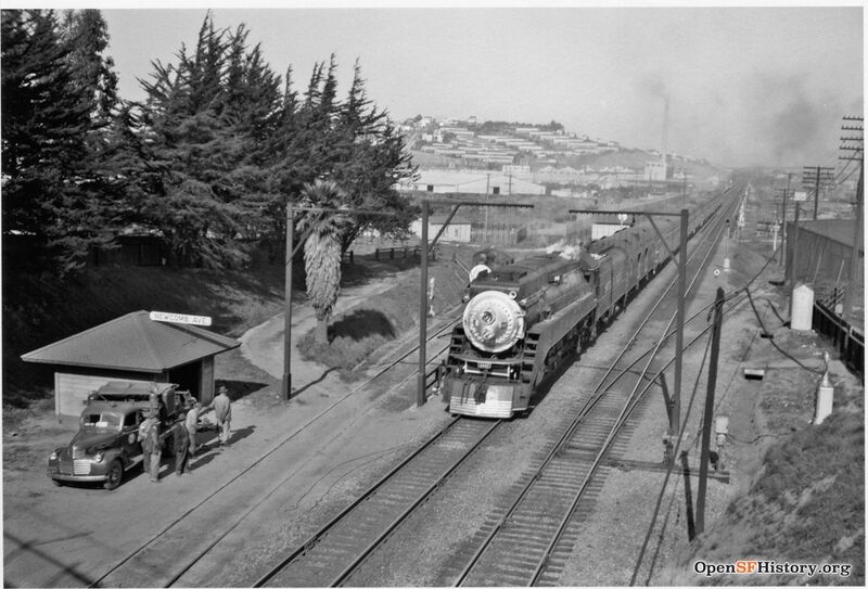 SP near Newcomb 1948 View north from Oakdale toward Southern Pacific Steam Engine 4442, Train 96 and Newcomb Ave Station. Potrero Hill in background wnp27.50206.jpg