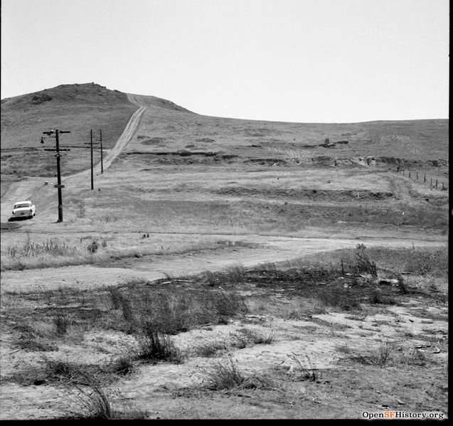 File:April 1957 Diamond Heights Before Development, Looking South to Gold Mine Hill Near intersection of Douglass and Valley Streets, now northern intersection of Diamond Heights Boulevard and Gold Mine Drive wnp14.4150.jpg