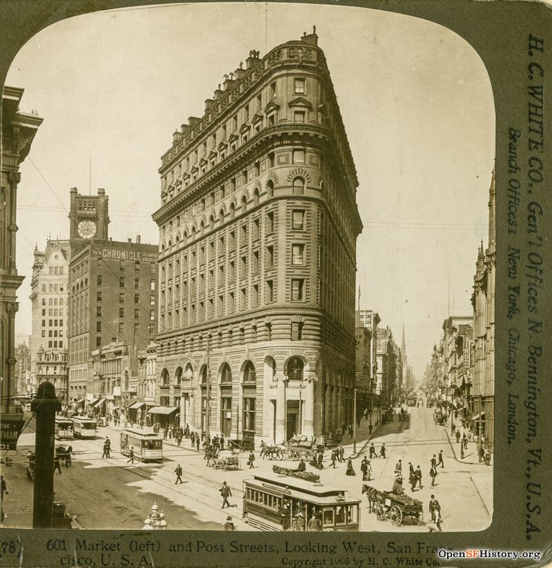 View northwest across Market down Post to Crocker Building at Market at Post, Chronicle Building , Mutual Savings Bank Building 1905 wnp24.212a.jpg