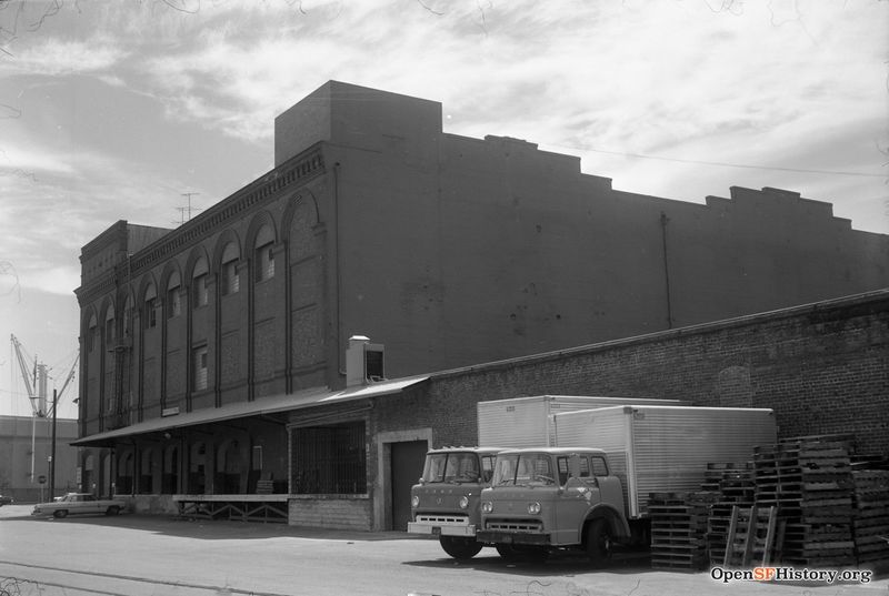 View east to large brick warehouse, 1 Lombard St., on southwest corner Aug 4 1968 wnp28.2472.jpg