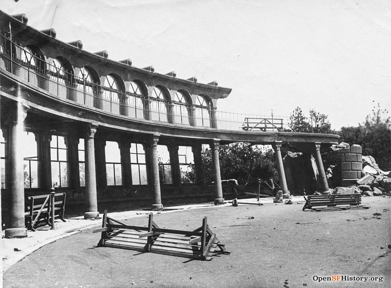 1906 Earthquake and Fire, Ruins of Sweeny Observatory on Strawberry Hill in Golden Gate Park. Upset benches, rubble. Sweeny Panorama, Strawberry Hill, Golden Gate Park, built 1891 wnp37.01243.jpg