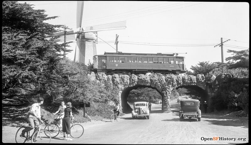 File:Golden Gate Park Oct 5 1941 railcar on rustic bridge and Murphy Windmill wnp14.10319.jpg