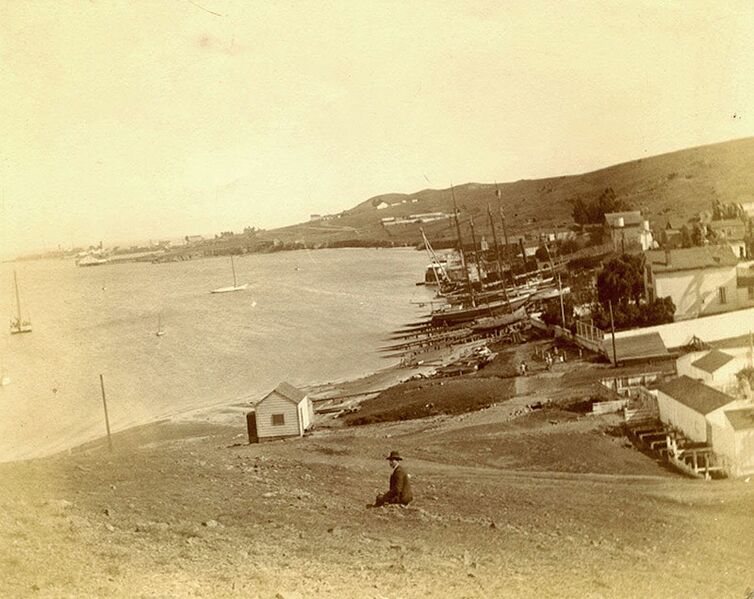 File:View-south-across-India-Basin,-early-1900s.-Wooden-shipbuilding-yards-on-the-shore-and-Hunters-Point-in-far-left-distance..jpg