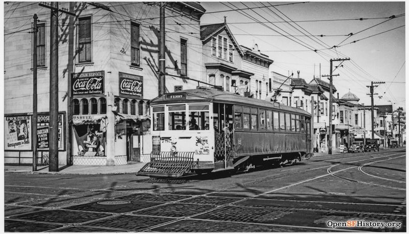 October 1939 24th and Folsom 35-Line 785. View across intersection to northeast corner. Marvel Luncheonette. Posters advertising movies at Fox and Roosevelt Theatres wnp27.3647.jpg