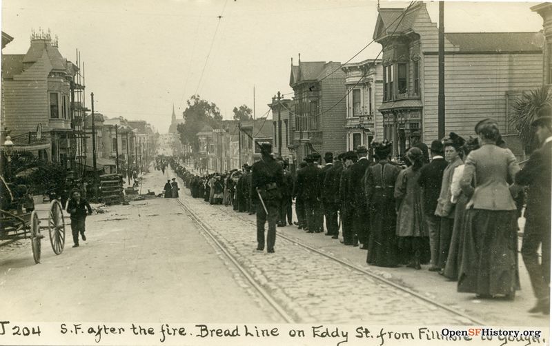 1906 Earthquake and Fire, View east on Eddy Street from Fillmore. Breadline stretching for blocks. St. Paulus Lutheran Church (burned 1995) at Gough in the distance wnp27.7212.jpg