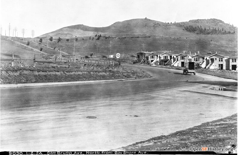 January 8 1924 View north on current Bayshore Boulevard from Blanken. Houses at right on Tunnel Avenue. Bayview Hill in background opensfhistory wnp36.03166.jpg