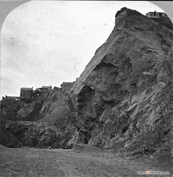 File:Tel Hill c 1875 Close View of rocky outcrop with houses in background. Probably Broadway cut. wnp37.02295-R.jpg