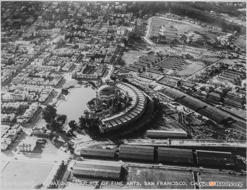 Sept 15 1937 Aerial view of Palace of Fine Arts, lagoon, Marina District, Letterman Hospital; Doyle Drive approach under construction opensfhistory wnp27.5573.jpg