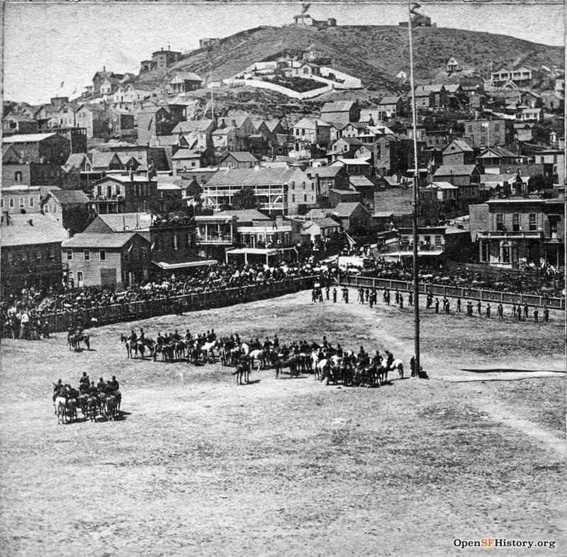 July 4 1862 View southwest toward Russian Hill. Soldiers assembling in square. Jobson's Observatory (1861-1869) in background wnp37.00717-L.jpg