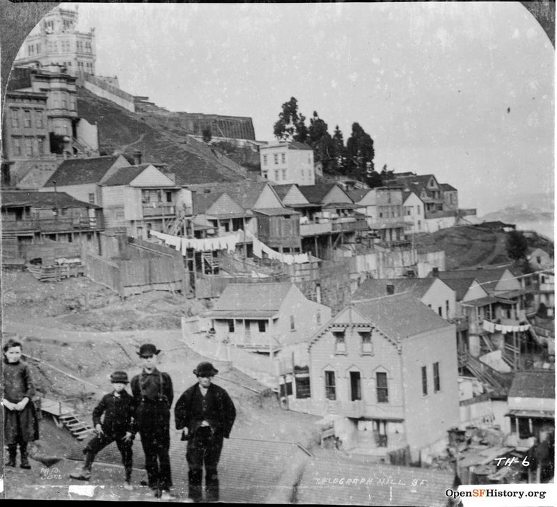 Tel Hill 1890 View north from Alta Street of three boys and a girl standing on hillside. Cottages with laundry drying and Layman's Castle on top behind. Behind them on Filbert Steps is 228 Filbert, built 1869 wnp71.2480.jpg