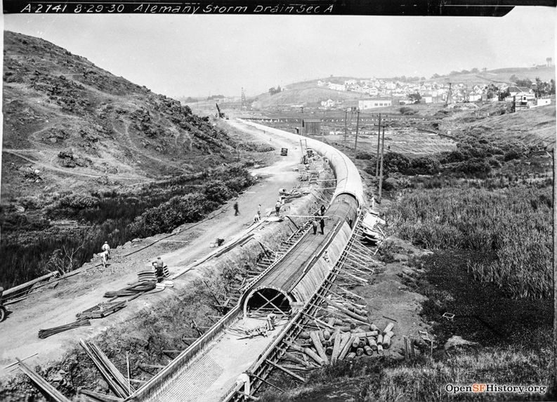 Alemany storm drain, looking east to Mt. St. Joseph in background West of Folsom Aug 1930--wnp36.03949.jpg
