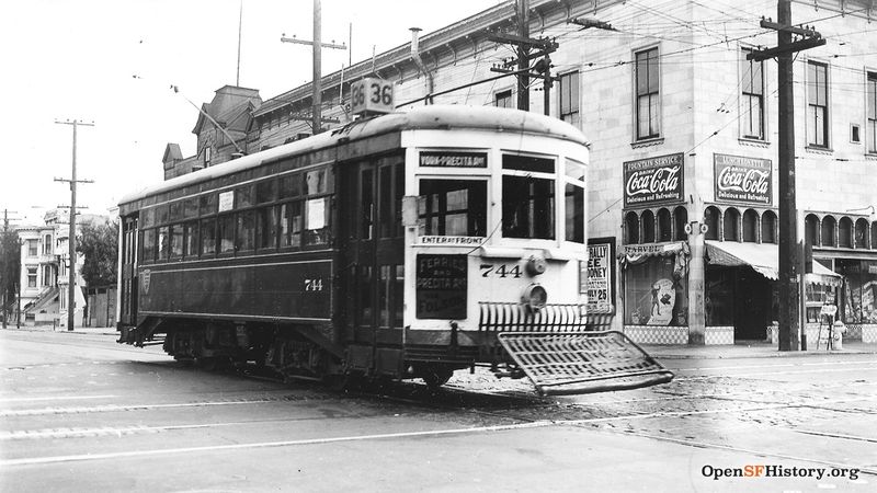 File:View Southeast across 24th Street and Folsom Street, Market Street Railway (MSRY) 35-line streetcar 744, Marvel Luncheonette in background Line 36 - 0744-36-01 FOLSOM and 24TH 1937 wnp5.50329.jpg