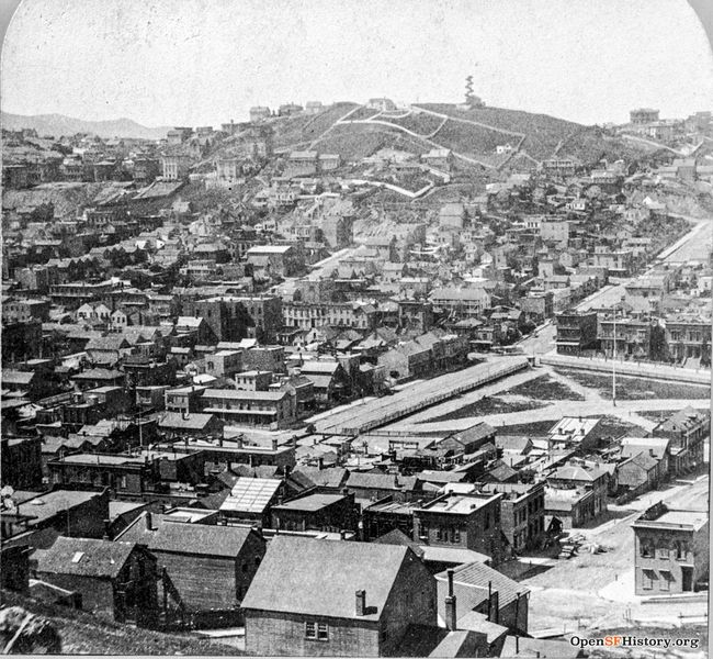 File:View southwest from Telegraph Hill across Washington Square (before major landscaping). Jobson's Observatory (1861-1869) on top of Russian Hill c 1865 wnp37.00655-R.jpg