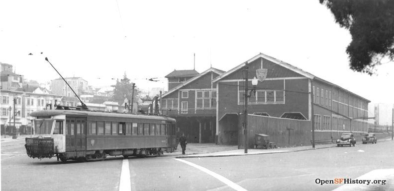 1940 Market St. Railway streetcar 403 at Valencia Car House at Duncan. 0403-35-A VALENCIA YARD 1940 wnp5.50676.jpg