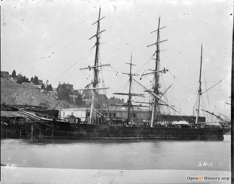 Abernyte 44c Bark-rigged sailing ship moored at foot of Telegraph Hill. Lombard Warehouse and North Point Warehouse in background. c1900 wnp71.2387.jpg